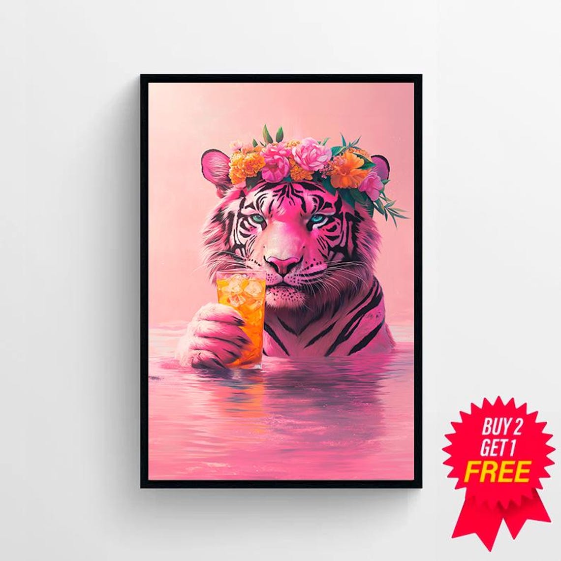 Wall Art Tiger With A Cocktail Maximalist Oil Painting Colorful Trendy Kitsch Vivid Bathroom Print Bold Dopamine Animal Picture - Image 4