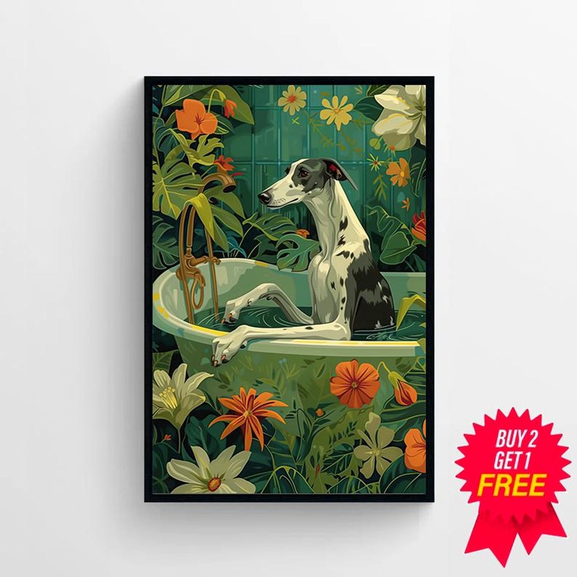 Greyhound Dog Relaxing in Bathtub Amid Tropical Flowers Poster - Image 4