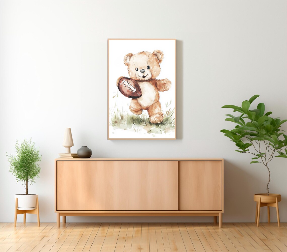 Teddy Bear Holding Football Watercolor Cute Nursery Sports Poster - Image 2