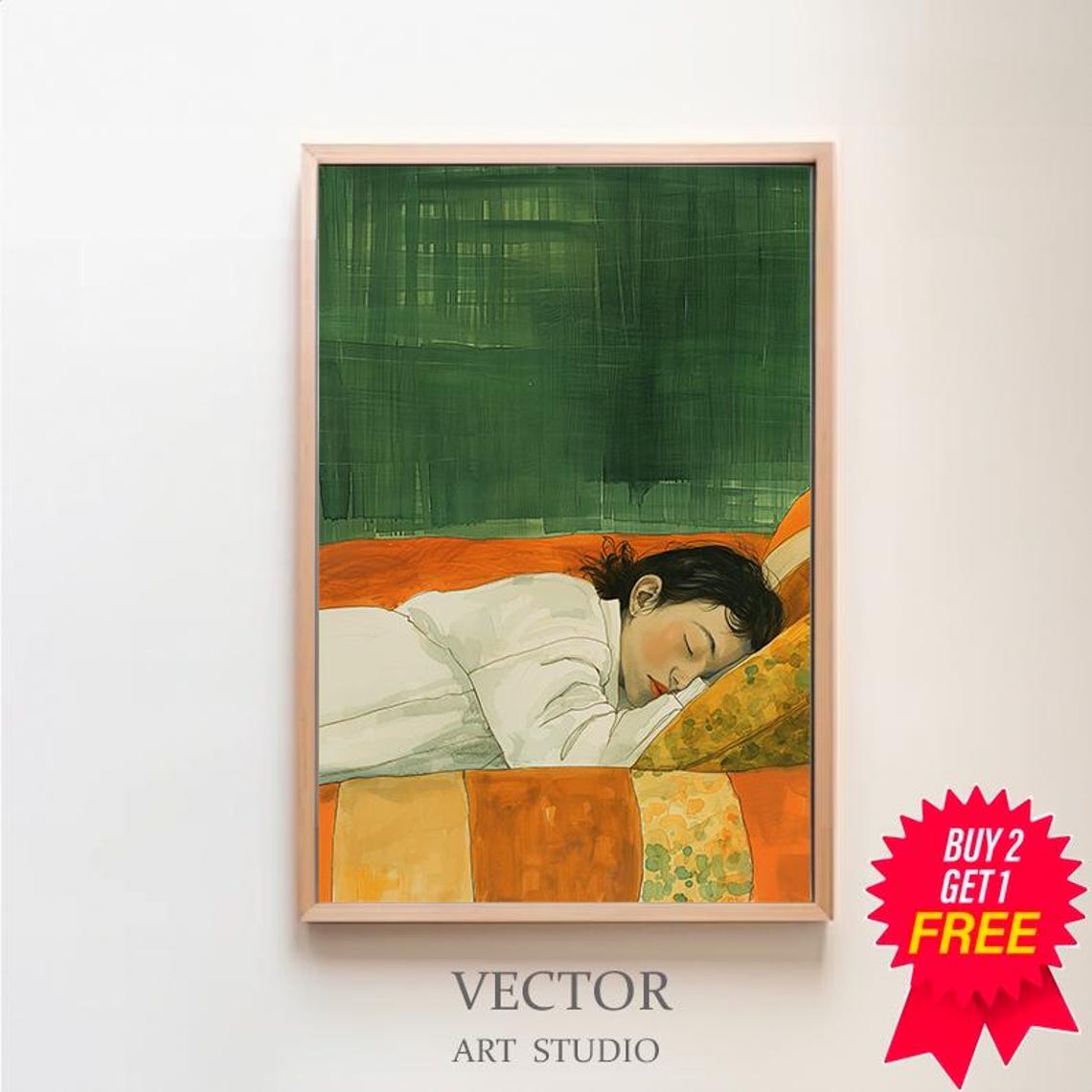 Woman Napping on an Orange Couch Against a Green Wall Poster