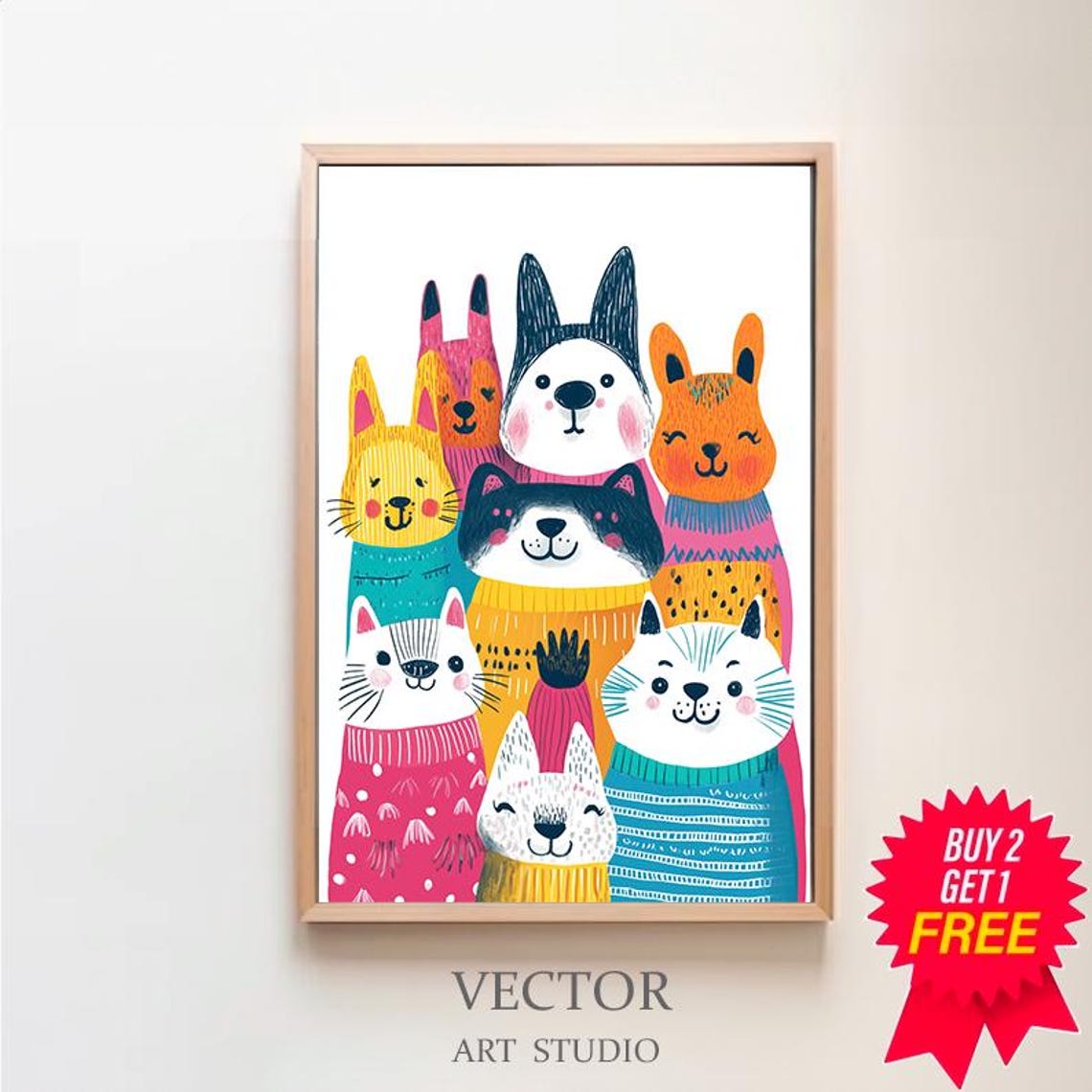 Happy Smiling Cats Wearing Bright Knitted Sweaters Kids Wall Art