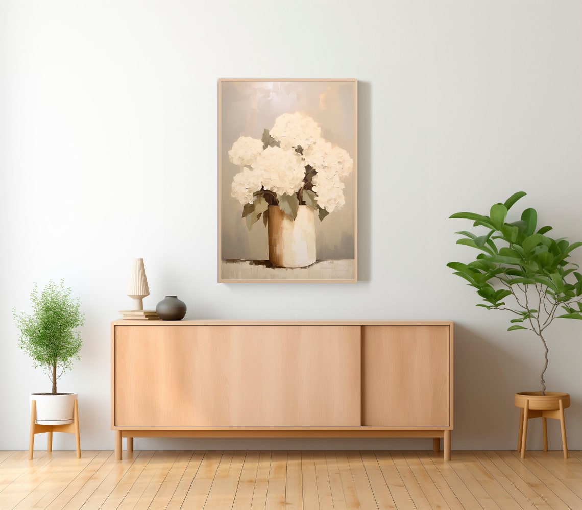 White Hydrangeas in a Golden Vase Warm Farmhouse Floral Poster - Image 2