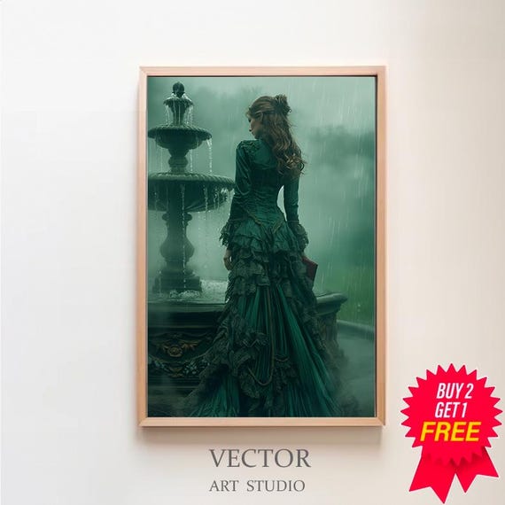 Victorian Lady By The Fountain Print Vintage Poster Art Poster Print Gothic Victorian Dark Academia