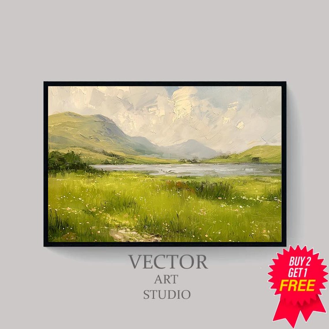 Sunlit Green Meadow Beside a Lake Impressionist Landscape Poster - Image 4