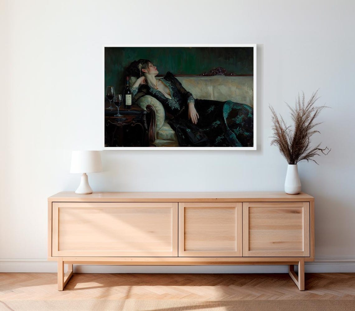 Victorian Woman Reclining On A Chaise With Wine Moody Poster - Image 2