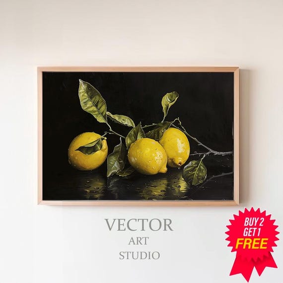 Lemon Moody Fruit Print Vintage Citrus Still Life Oil Painting Kitchen Wall Art Dark Lemons Tree Art Rustic Farmhouse Decor