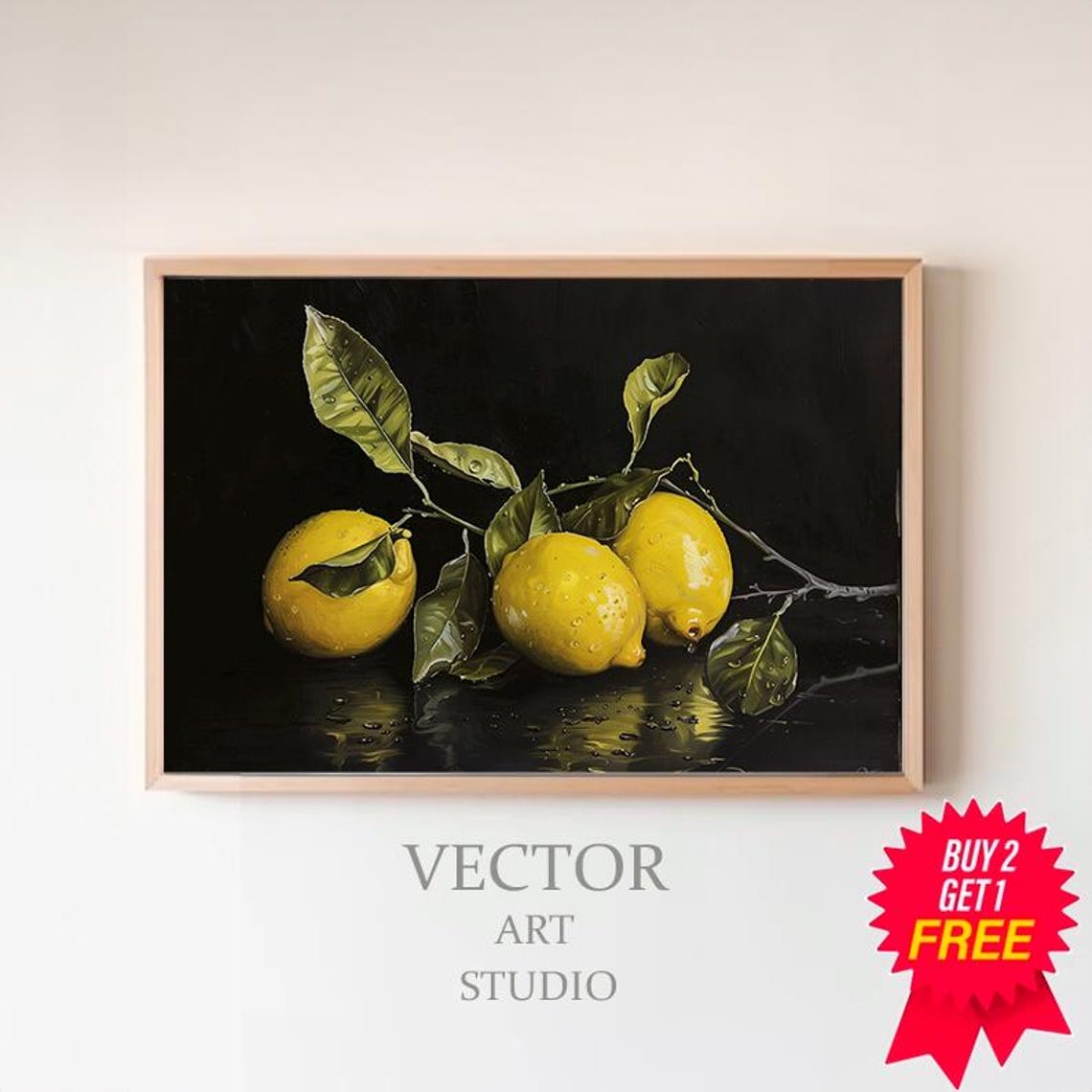 Dewy Lemons on a Branch Oil Painting on Black Background Poster
