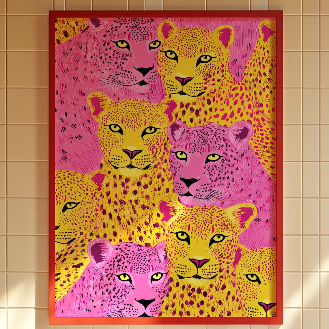 Neon Pink Yellow Leopard Faces Maximalist Pop Art Wall Print