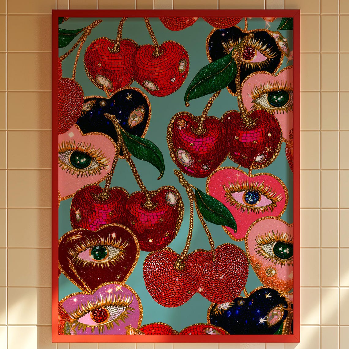 Surreal Cherry Eye Poster Maximalist Funky Kitchen Wall Art