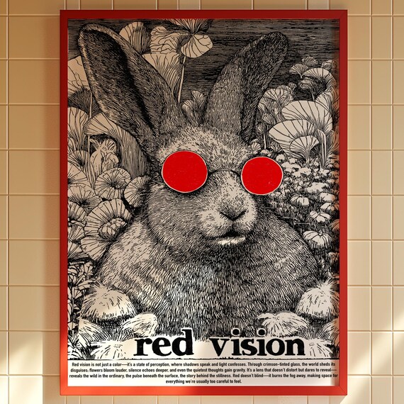 Surreal Bunny Art Print Red Glasses Botanical Details