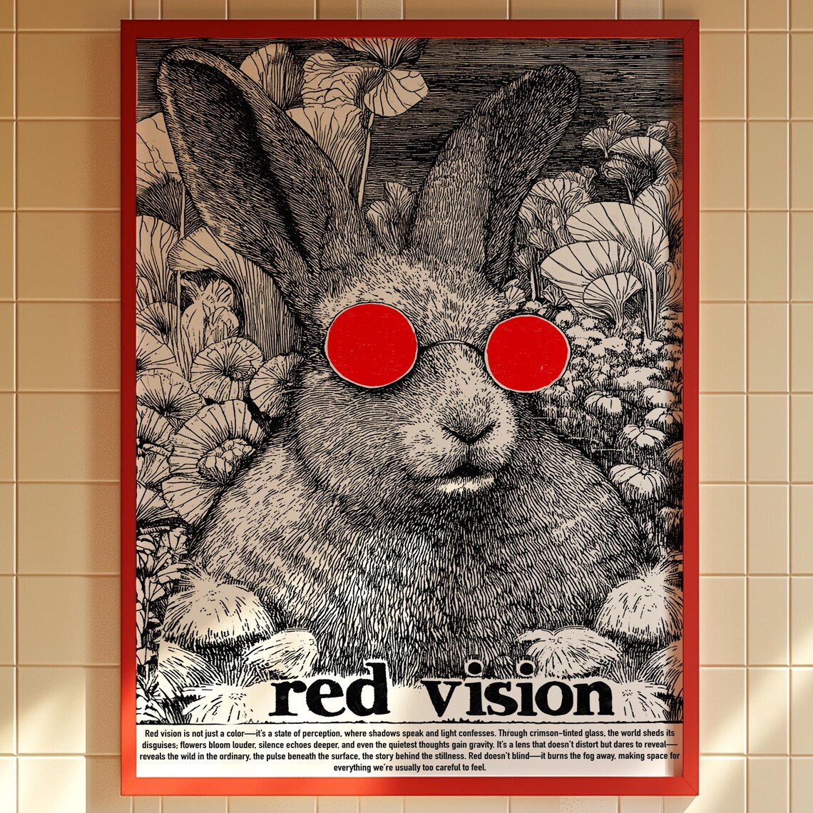 Surreal Bunny Art Print Red Glasses Botanical Details