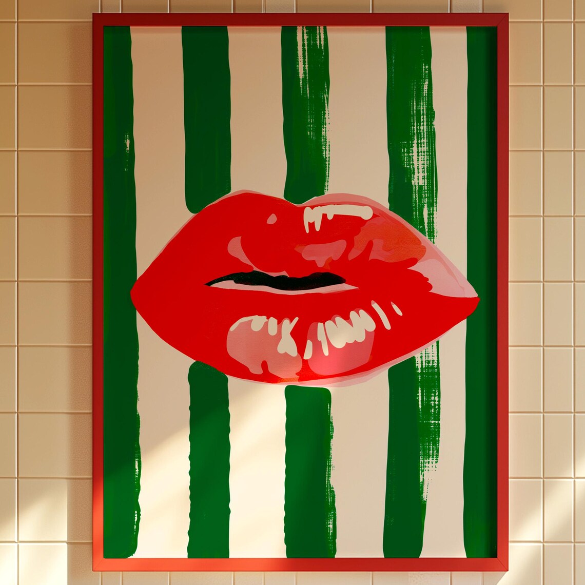 Pop Art Glossy Red Lips Green Brushstroke Stripes Bold Retro Wall Art
