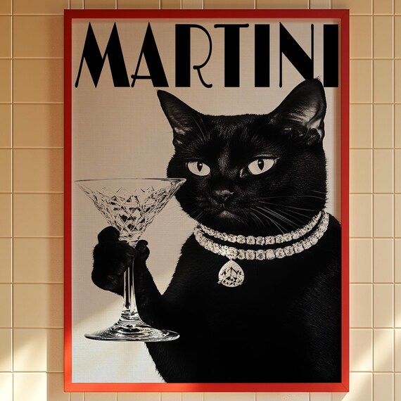 Black Cat Martini Crystal Cocktail Glass Diamond Collar Poster