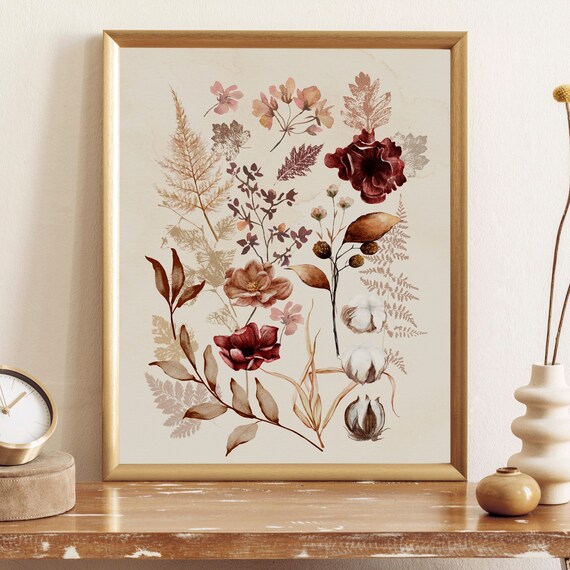 Autumn Cotton Bolls Burgundy Botanical Warm Farmhouse Art Poster