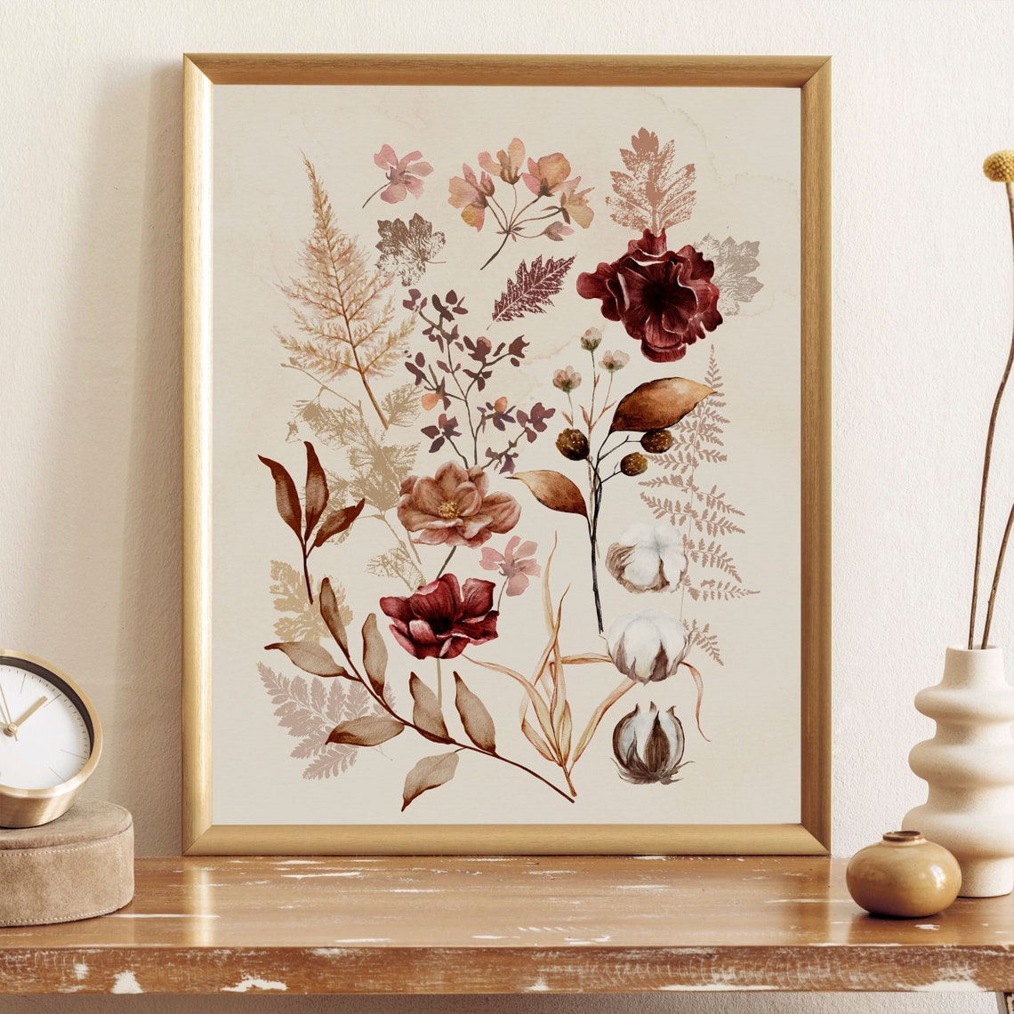 Fall Flowers Art Print Falling Leaves Botanical Farmhouse Autumn Canvas Printed Poster