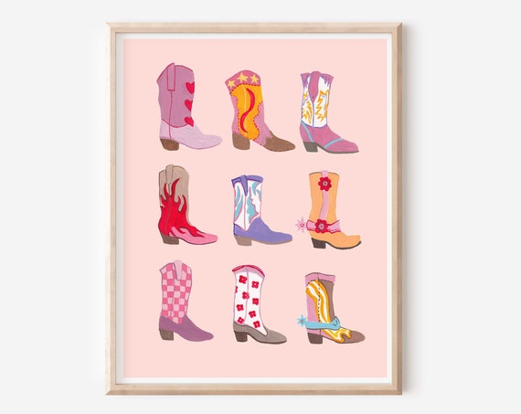 Cowboots Art Print Western Cowgirl Poster Pink Preppy Wall Art Pink Rodeo Poster Cowboy Boots Nashville Wall Art