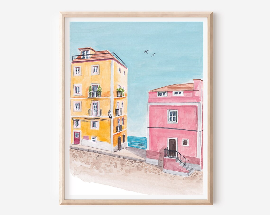 Lisbon Portugal Colorful Street Yellow Pink Houses Seaside View Poster