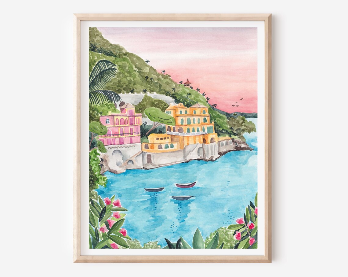 Portofino Italy Harbor Sunset Pastel Villas Riviera Watercolor Poster