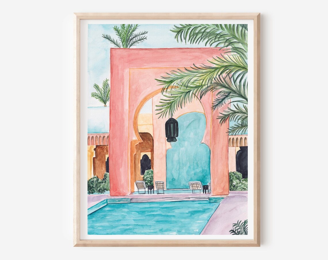 Marrakech Morocco Travel Poster, Botanical Watercolor