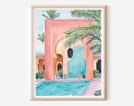 Marrakech Morocco Travel Poster, Botanical Watercolor