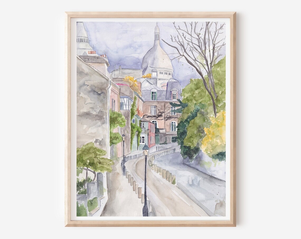Paris Montmartre Art Print Paris Travel Print Parisian Wall Decor Sacre Coeur Art French Street Scene Gift For Traveler