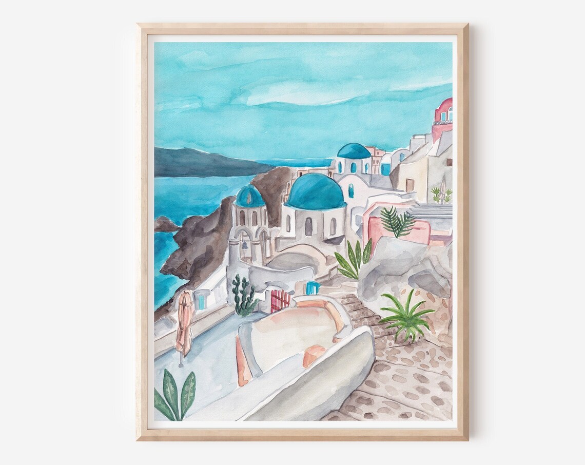 Santorini Greece Travel Poster, Mediterranean Art