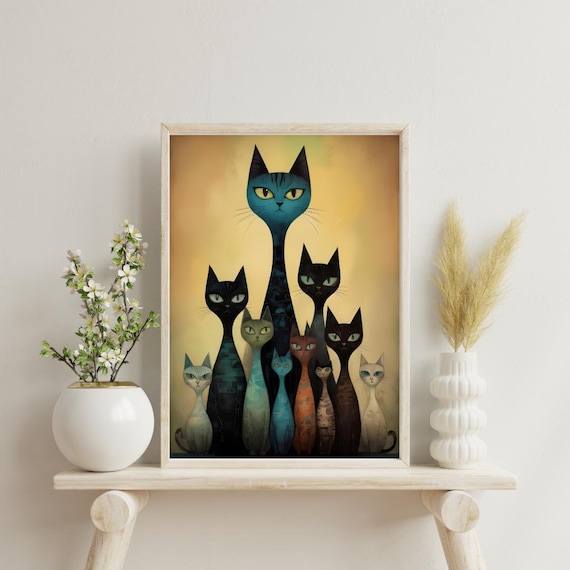 Whimsical Elongated Cat Family Group Folk Art Style Vintage Poster