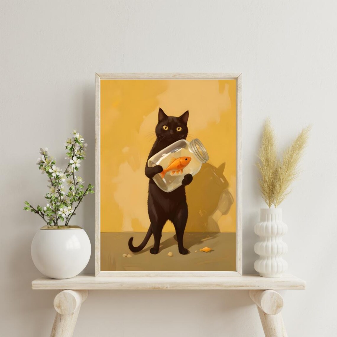 Black Cat Holding A Goldfish, Cute Cat Illustration - Image 3