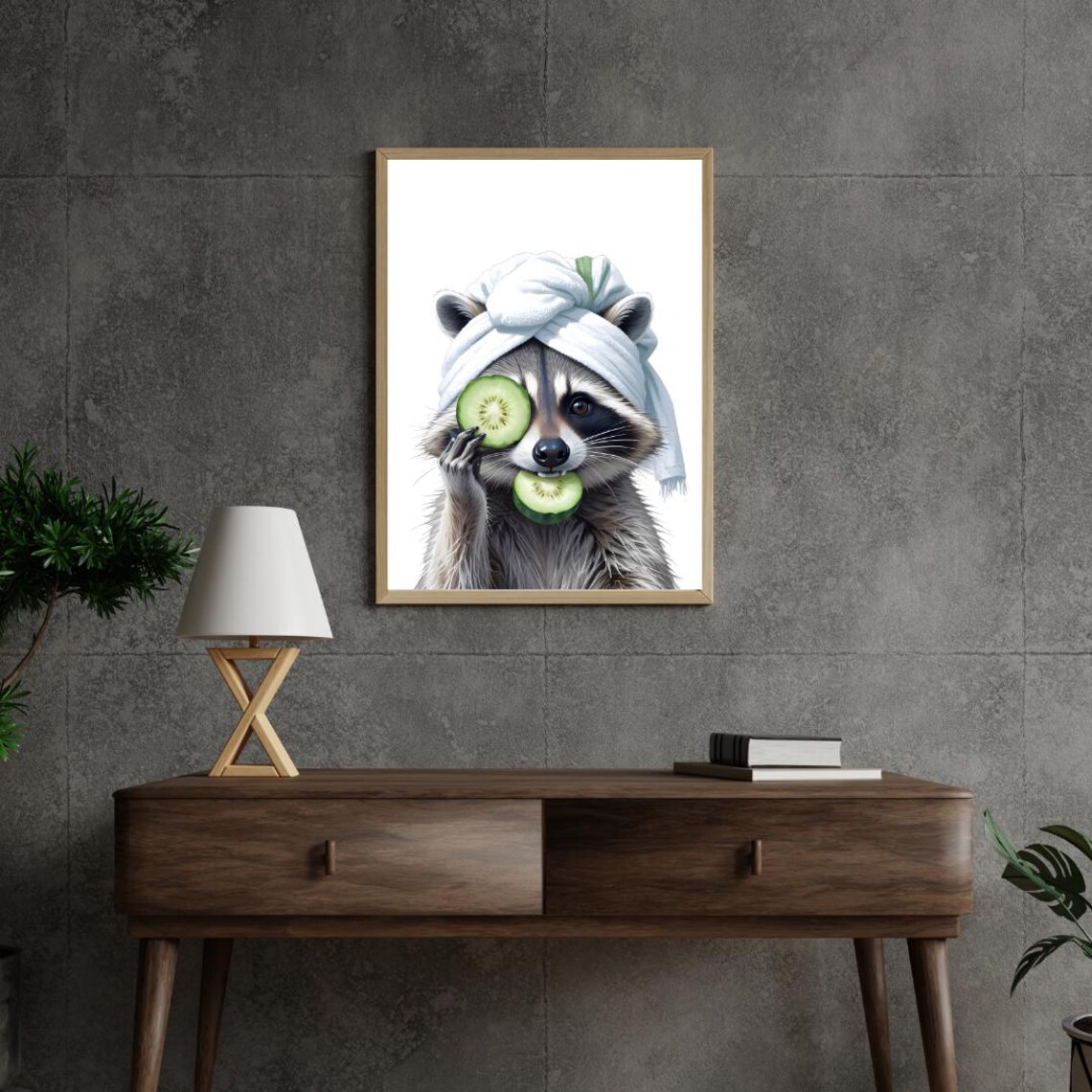 Raccoon Spa Day Funny Animal with Cucumber Slices Art Poster - Image 3