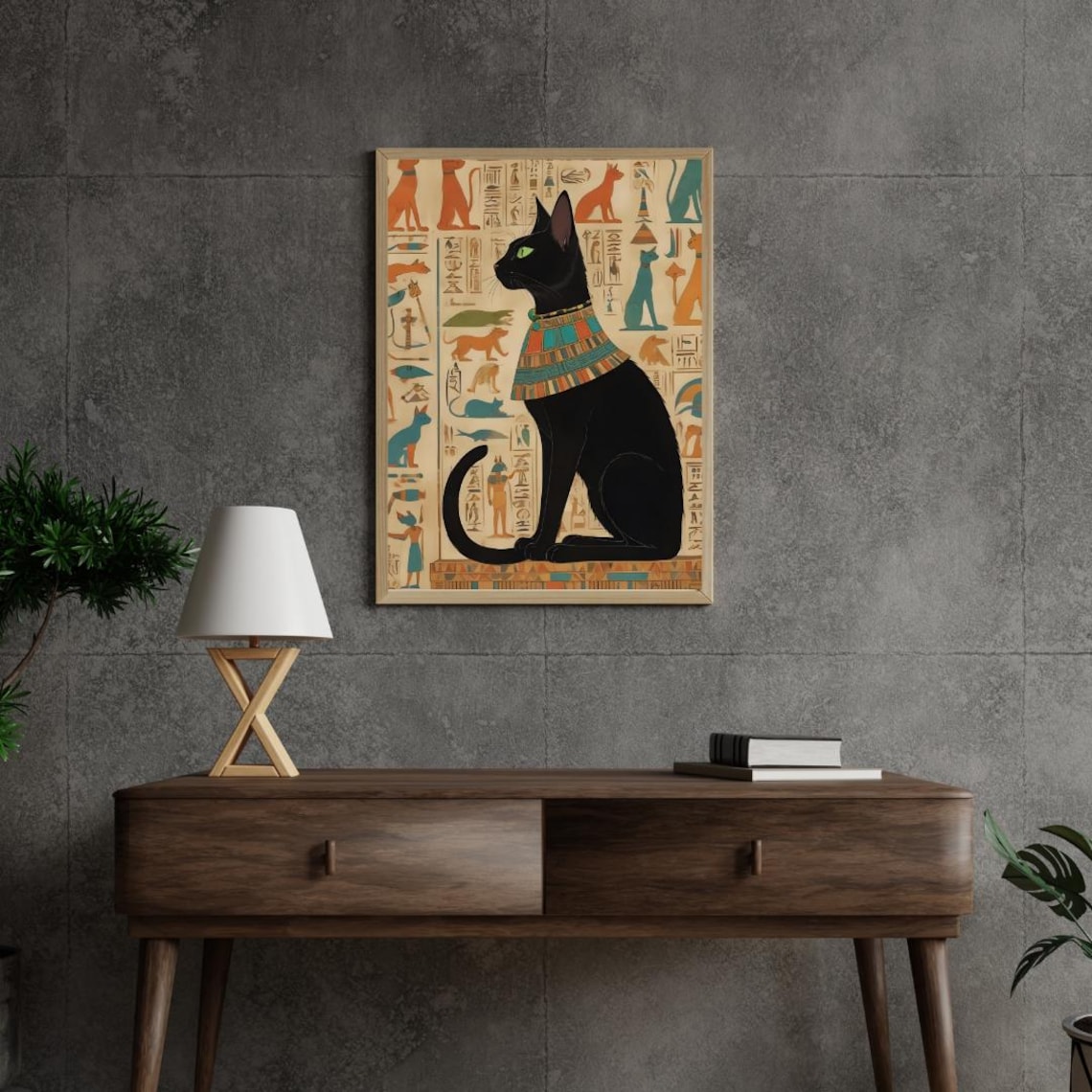 Ancient Egyptian Black Cat with Gold Collar Hieroglyphic Art Poster - Image 3