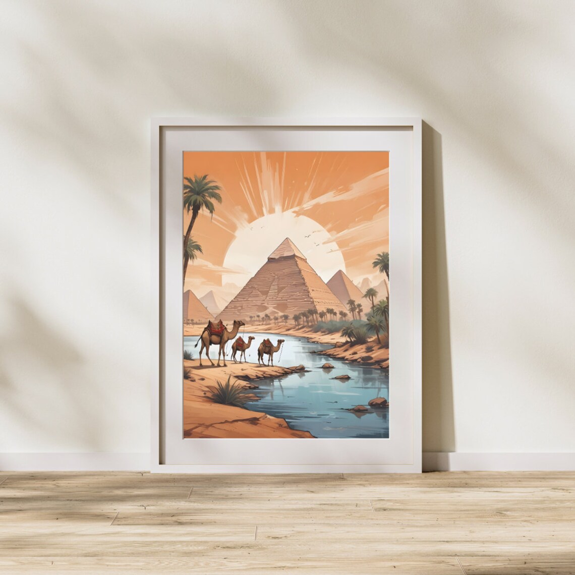 Camels, River And Pyramids Exotic Landscape