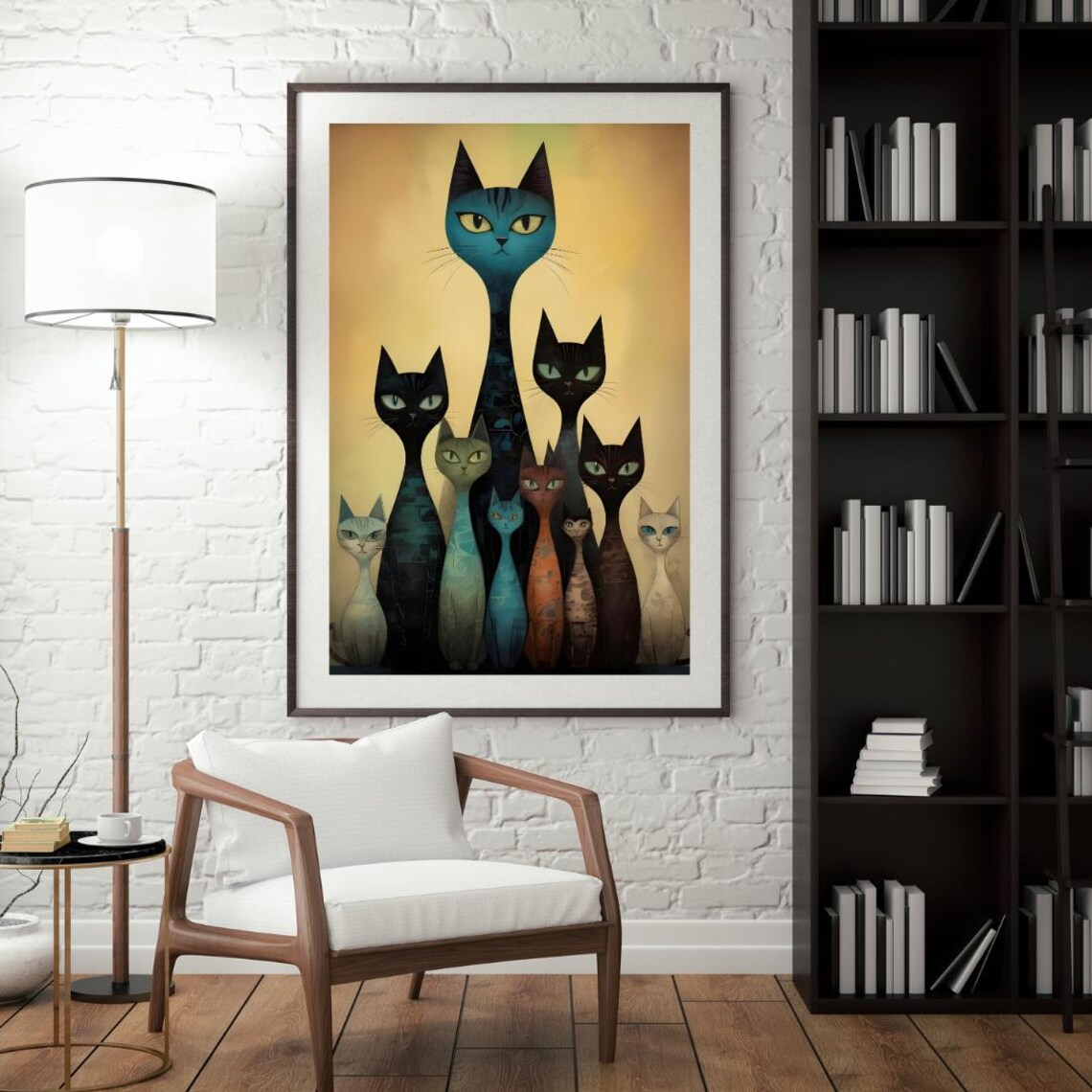 Whimsical Elongated Cat Family Group Folk Art Style Vintage Poster - Image 2