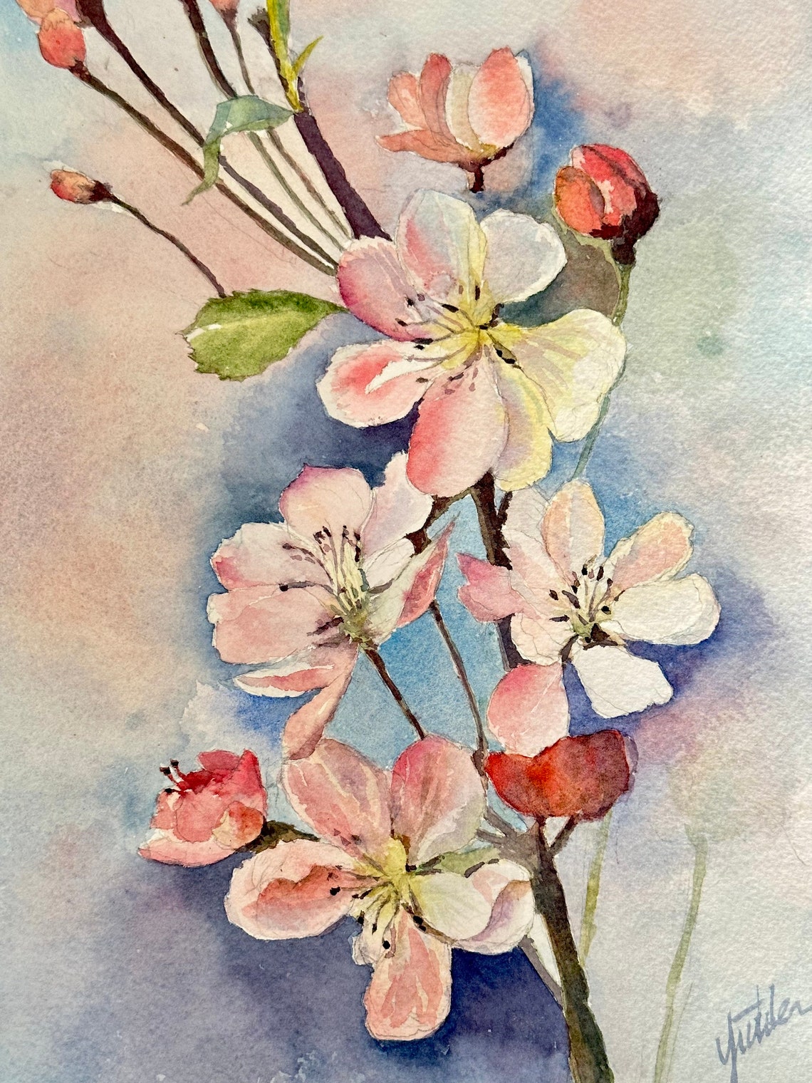 Pink Cherry Blossom Branch on Pastel Watercolor Spring Floral Poster - Image 3