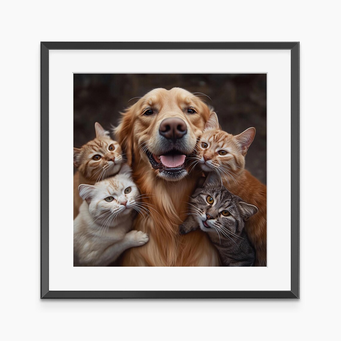 Golden Retriever Hugging Four Cats Heartwarming Cute Pet Photo Poster