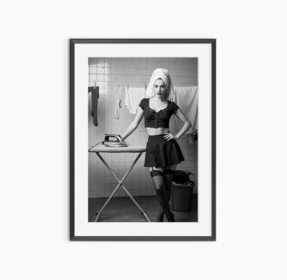 Retro Pin Up Woman Ironing Laundry Room Black and White Art Poster