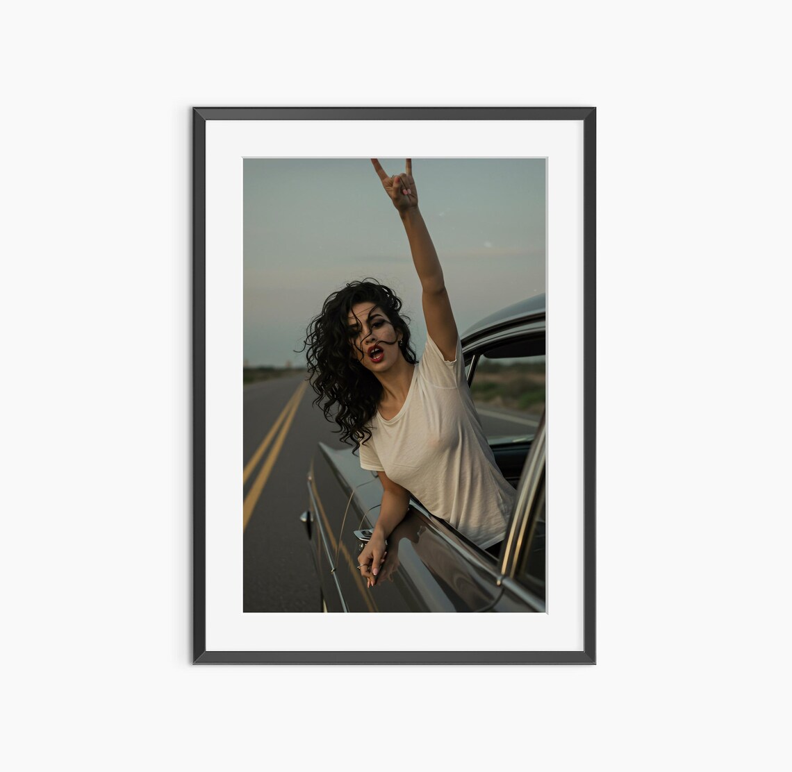 Rock On Hand Gesture Woman Leaning From Vintage Car Road Trip Poster