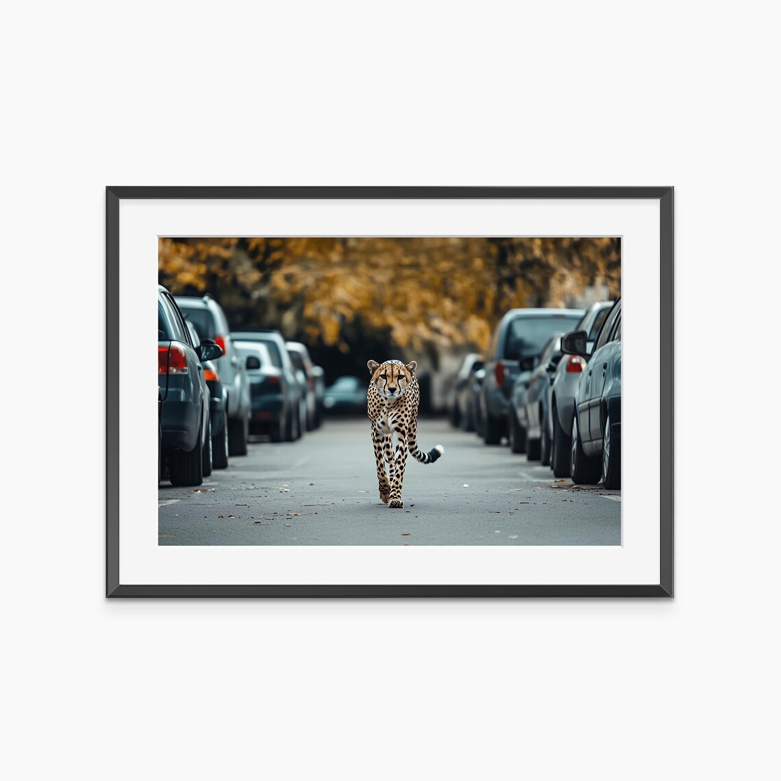 Cheetah Walking City Street Parked Cars Surreal Wildlife Poster