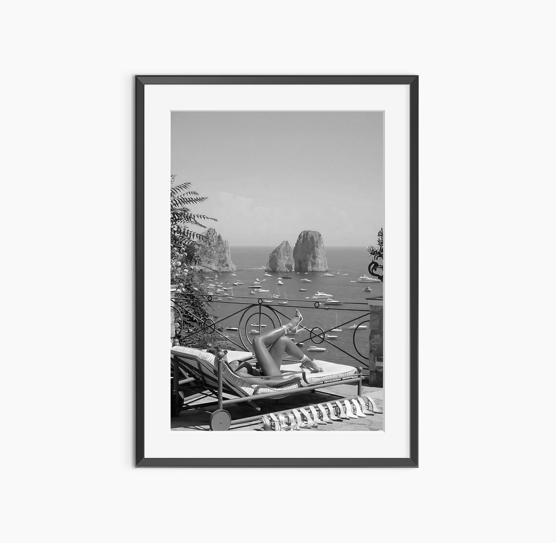 Seaside Terrace Sunbathing Black And White Vintage Photo Poster