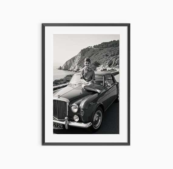 Vintage Black And White Woman Classic Car Coastal Road Print