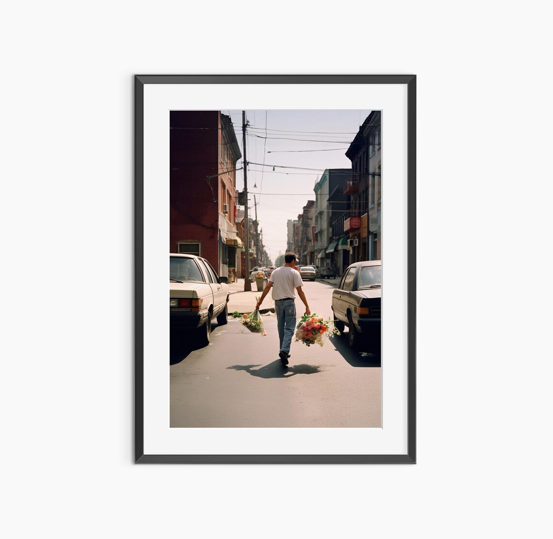 Romantic Man Carrying Flowers City Street Cinematic Photo Print