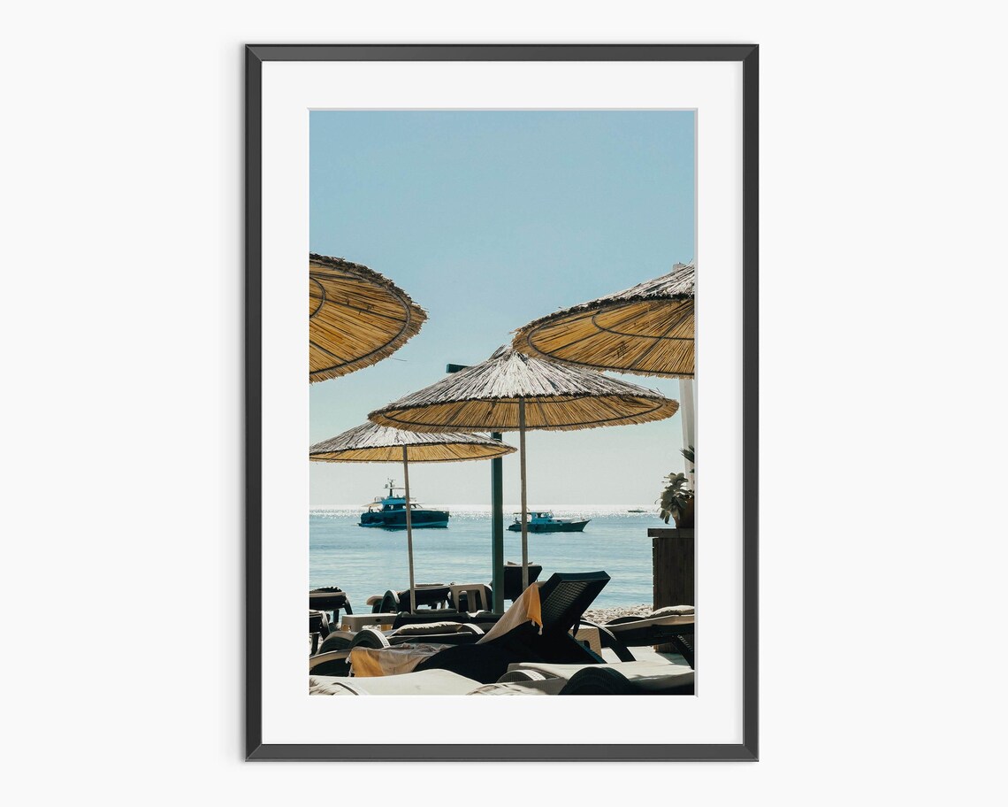 Sunny Beach Umbrellas and Lounge Chairs Coastal Vacation Photo Poster