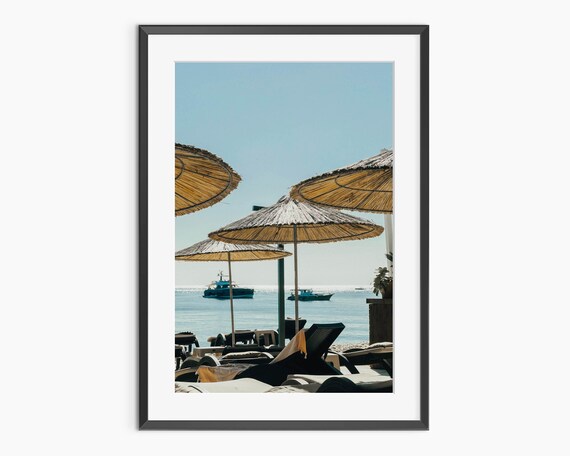 Sunny Beach Umbrellas and Lounge Chairs Coastal Vacation Photo Poster