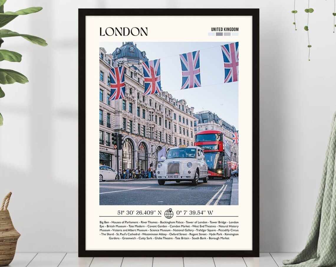London Regent Street Union Jack Flags Red Bus Taxi Travel Poster