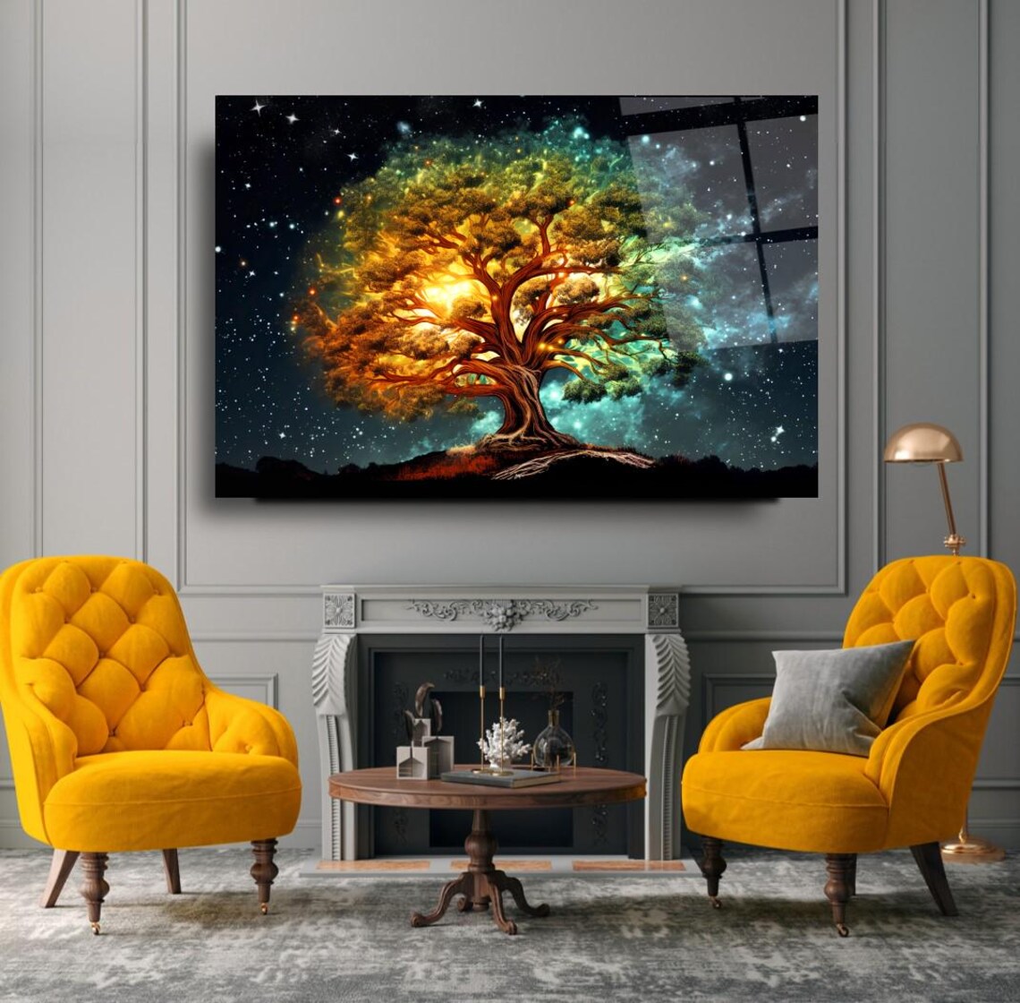 Enchanted Cosmic Tree Wall Art Tempered Glass Print Modern Nature Decor Luxury Glass Wall Art For Home And Office