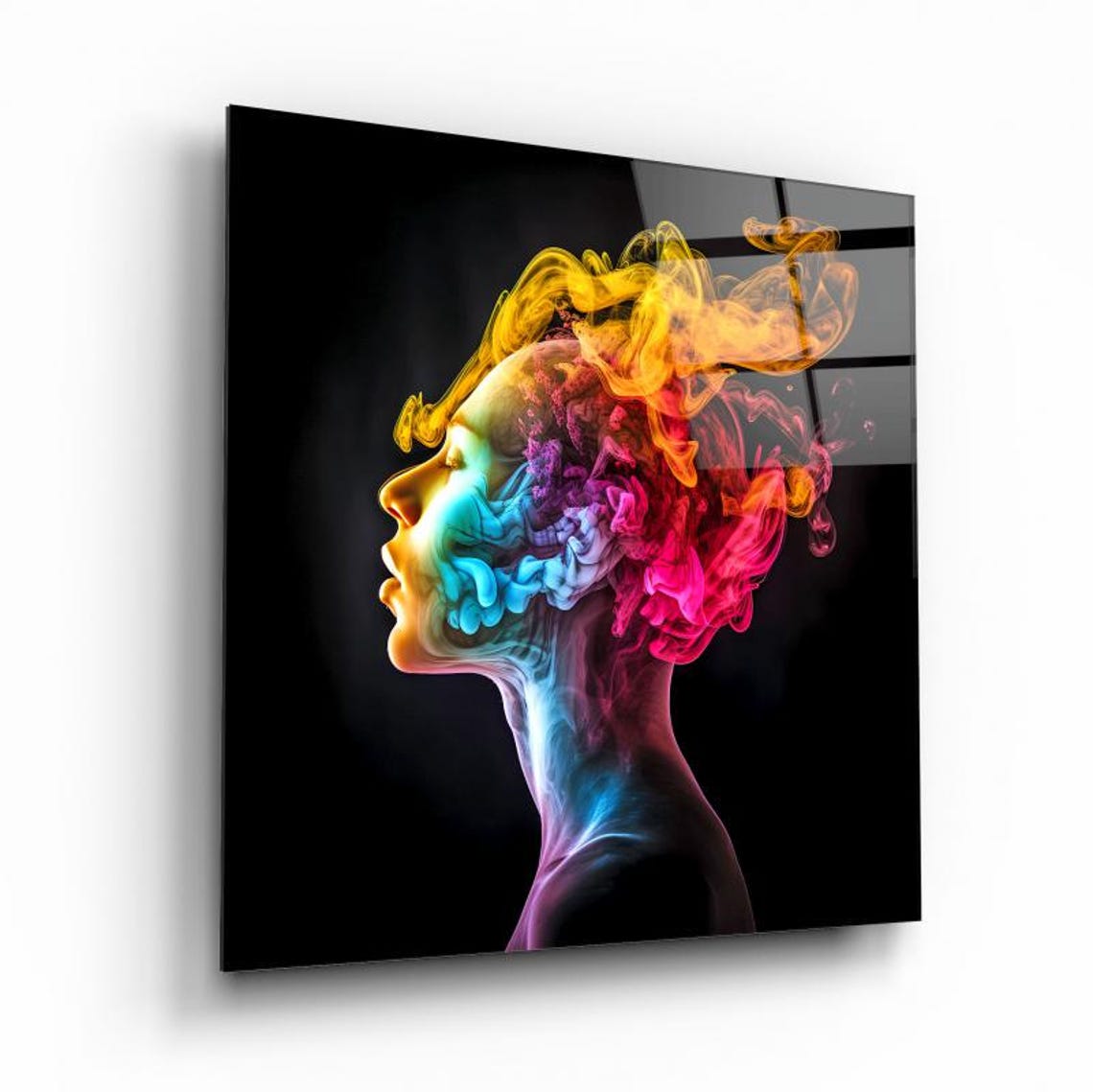 Woman Profile With Rainbow Smoke Hair Abstract Face Glass Poster - Image 2