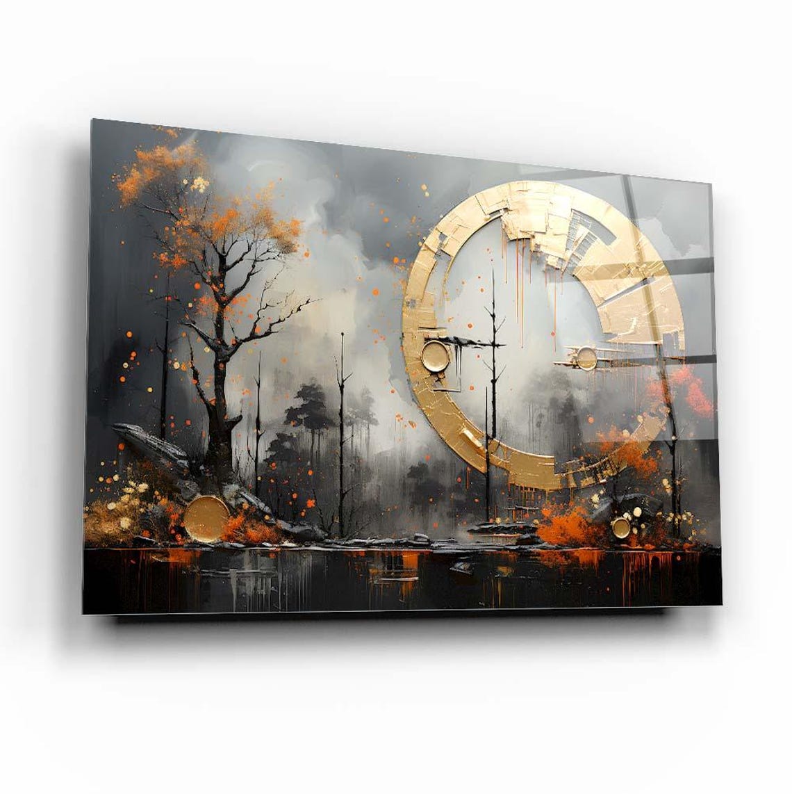 Golden Orb Circle Misty Autumn Trees Futuristic Nature Art Poster - Image 3