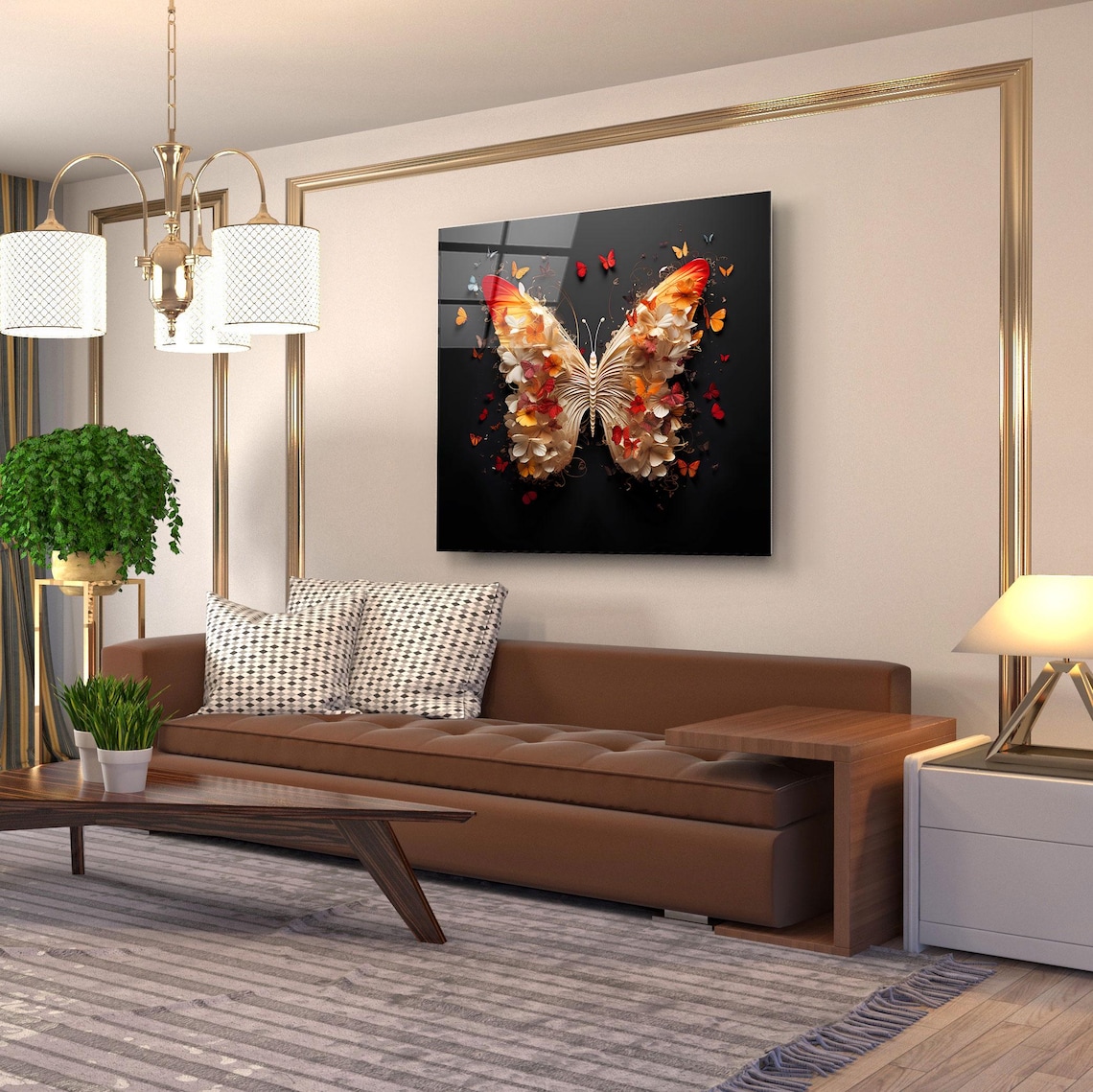 Flower Butterfly With Petals On Black Modern Nature Glass Poster - Image 3