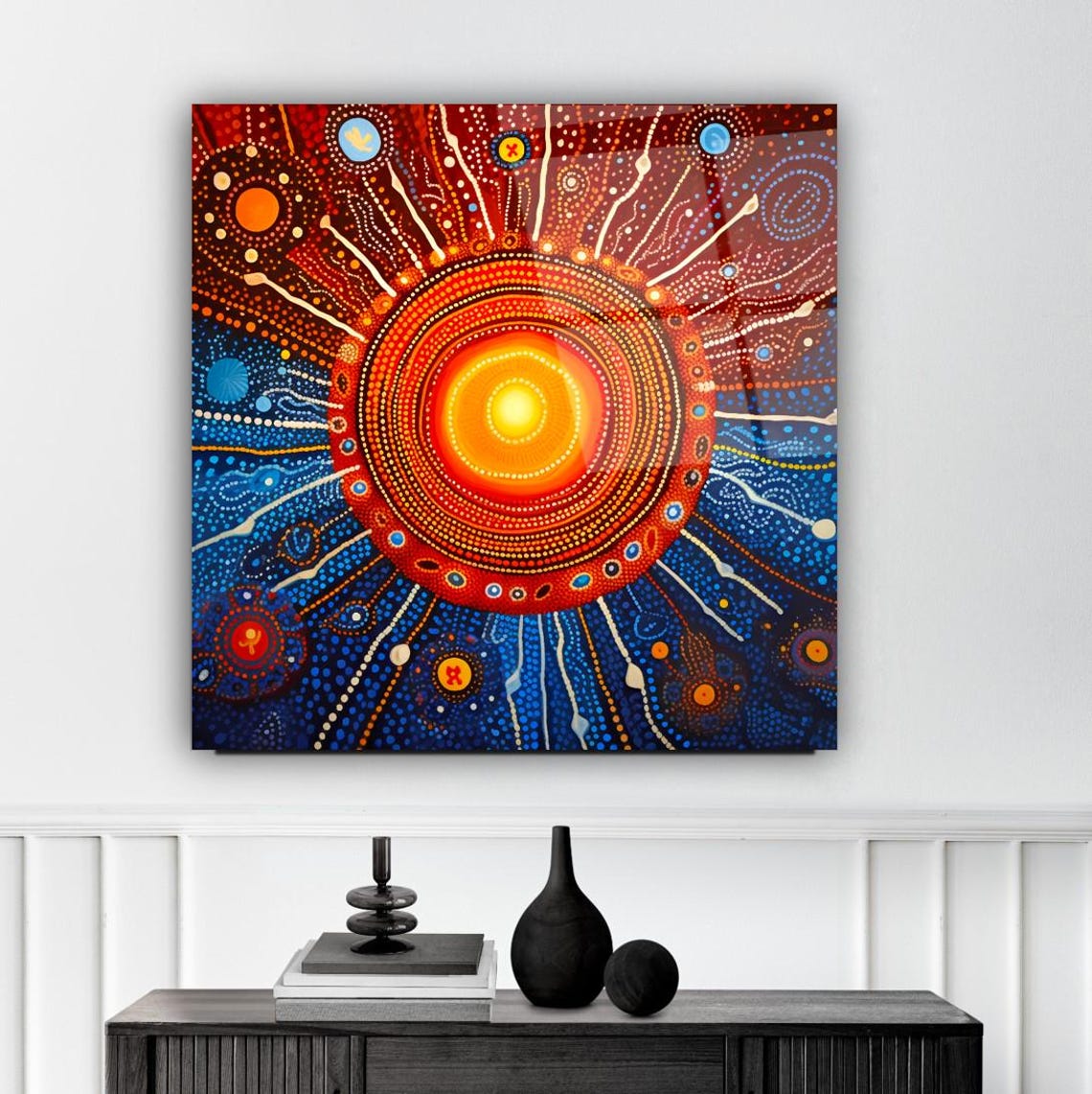 Radiant Sunburst Dot Art Painting in Bold Red and Blue Wall Art - Image 3