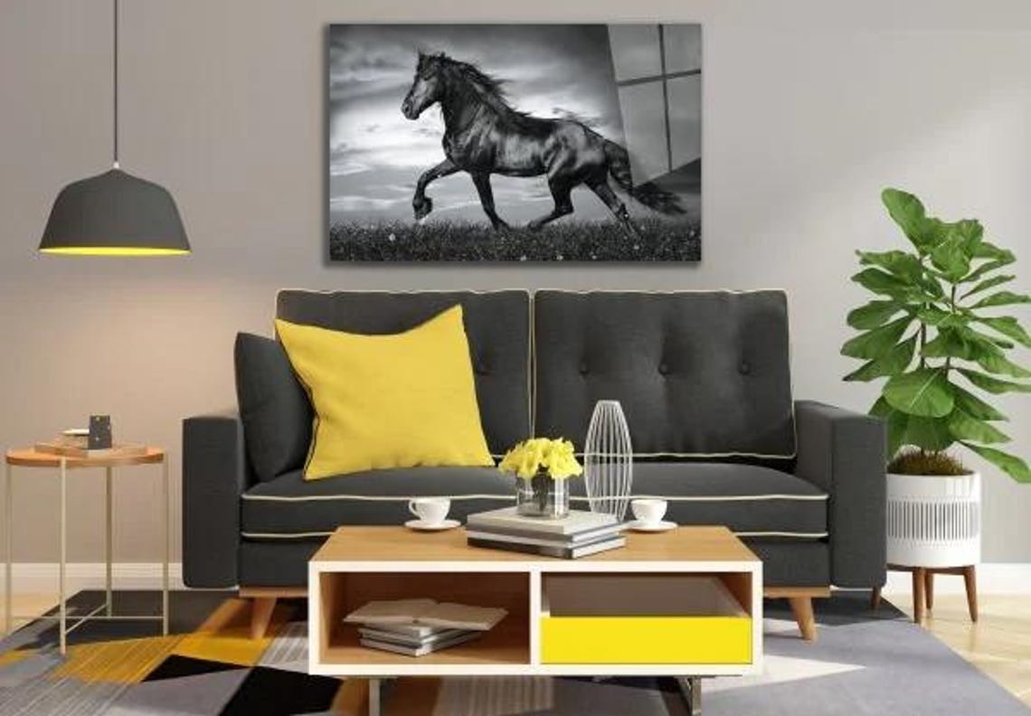 Monochrome Galloping Stallion Horse Tempered Glass Dramatic Art Poster - Image 3