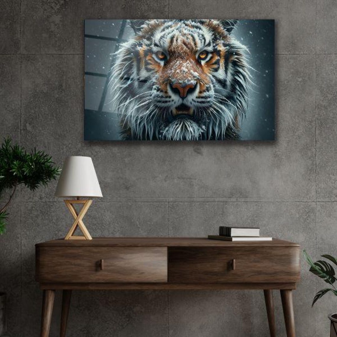 Snow Dusted Tiger Face Close Up With Amber Eyes Wildlife Glass Poster
